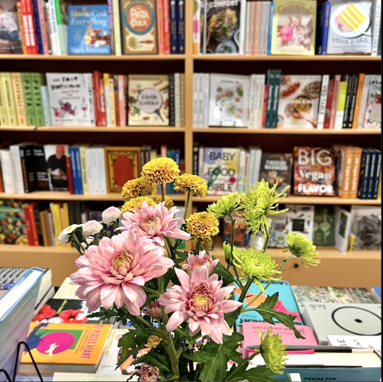 Flowers and book at Pulp Books and Cafe 768x765